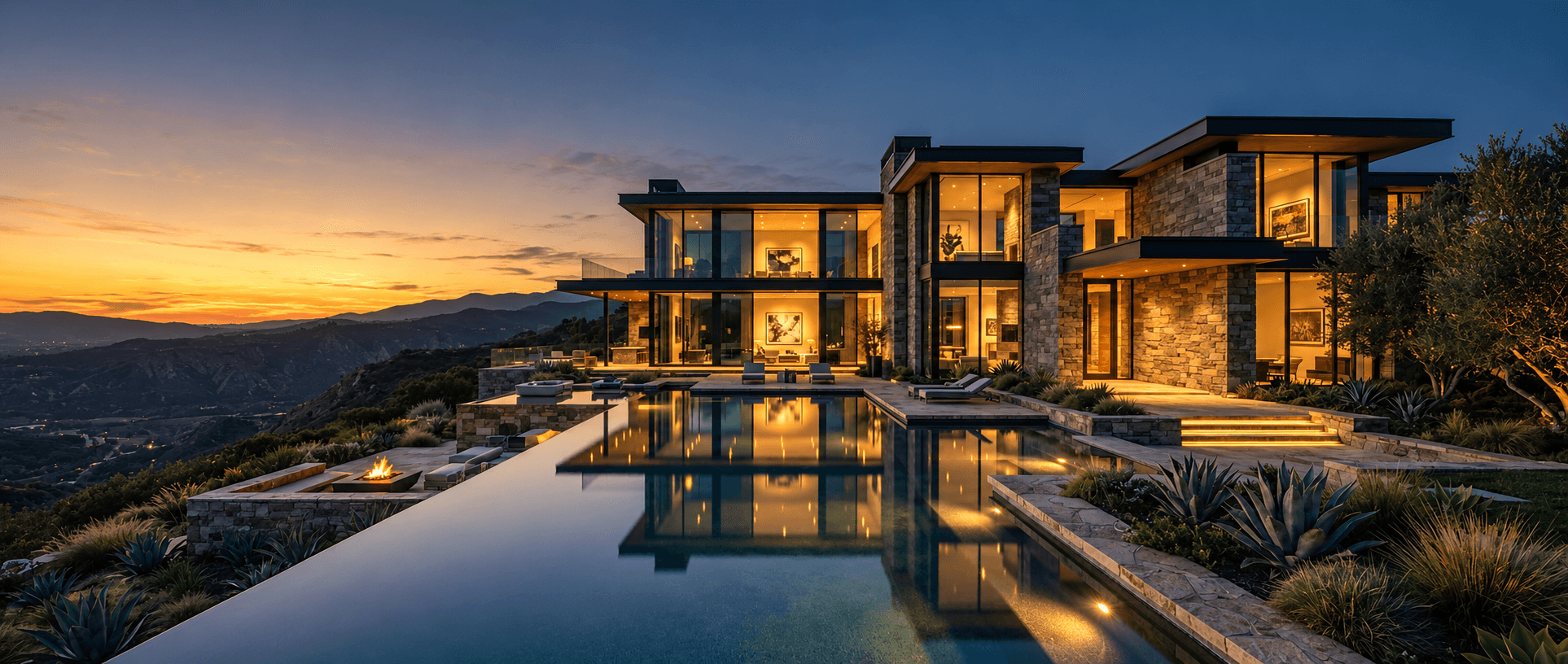 Modern custom estate at dusk
